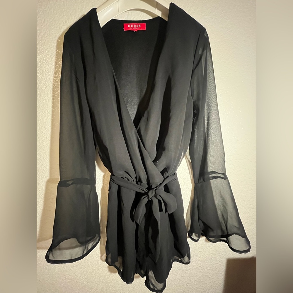 Elegant Black Sheer Wrap Romper